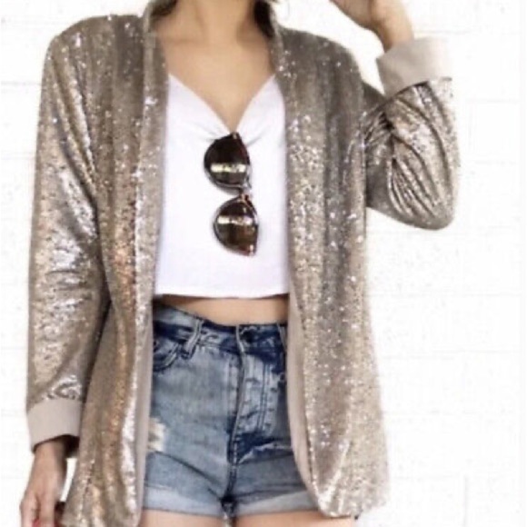 SAM EDELMAN | Champagne Gold Sequin Blazer Open Front 3/4 Sleeves - Picture 1 of 15